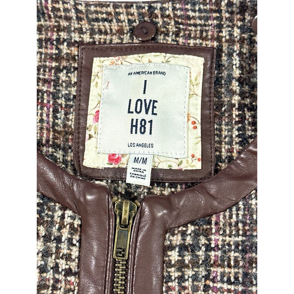 Forever 21 I Love H81 Tweed Bomber Jacket M Brown Faux Leather Zip Plaid Lined - Picture 8 of 12